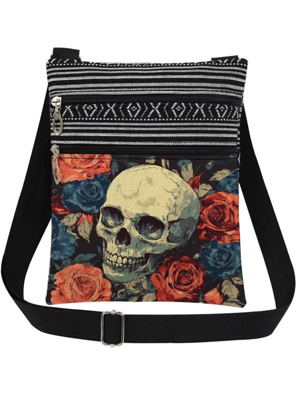 Womens Black Red Halloween Skull Pouch Adjustable Strap Crossbody Zipper Bag